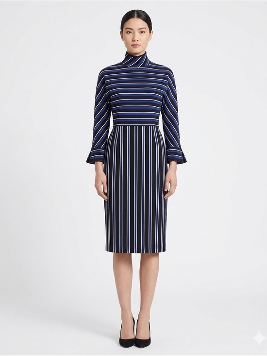 Olympia Le Tan Dresses & Skirts - Olympia Le-Tan Striped Dress Sz 42 Blue Black Mock Neck Paris Designer